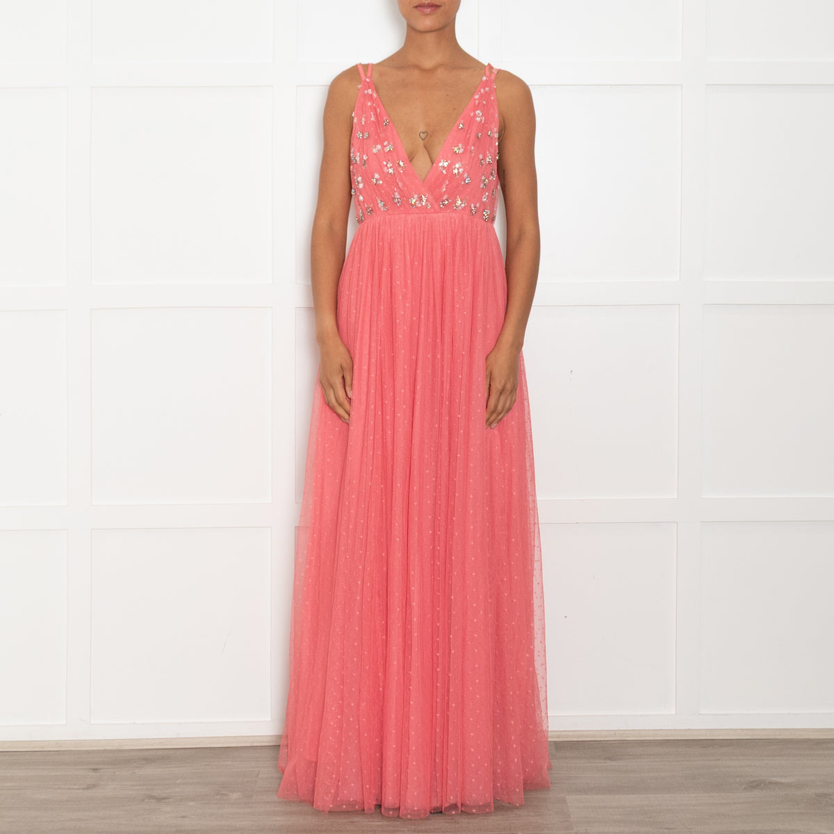 Needle & Thread Coral Pink Tulle Crystal Sequin Embellished Sleeveless Maxi Dress