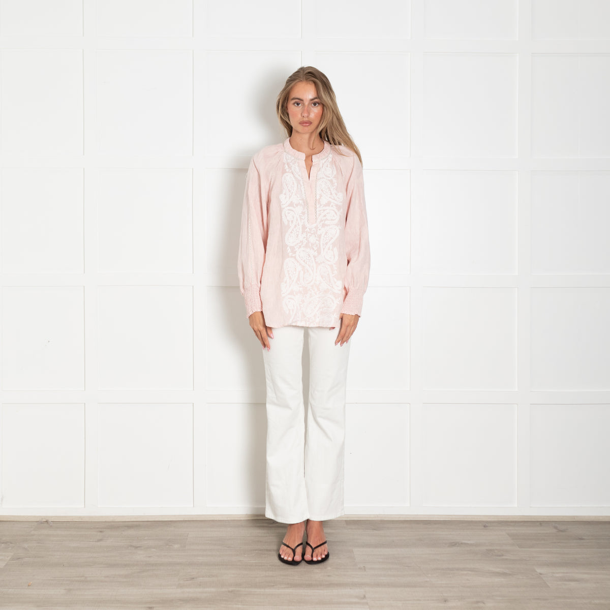 Gustav Peach Linen Embroidered Peasant Top