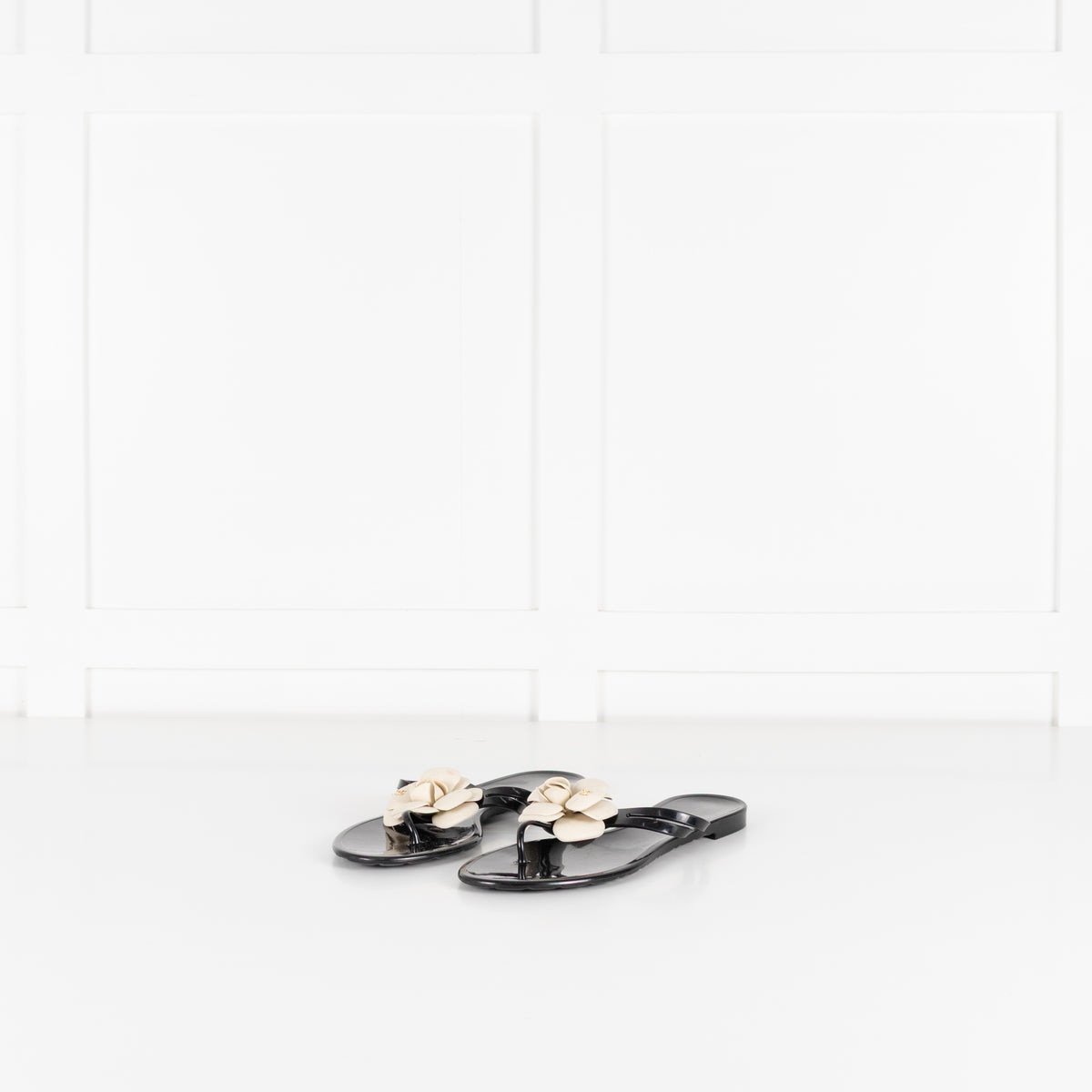 Chanel Black Plastic Camelia Flip Flops