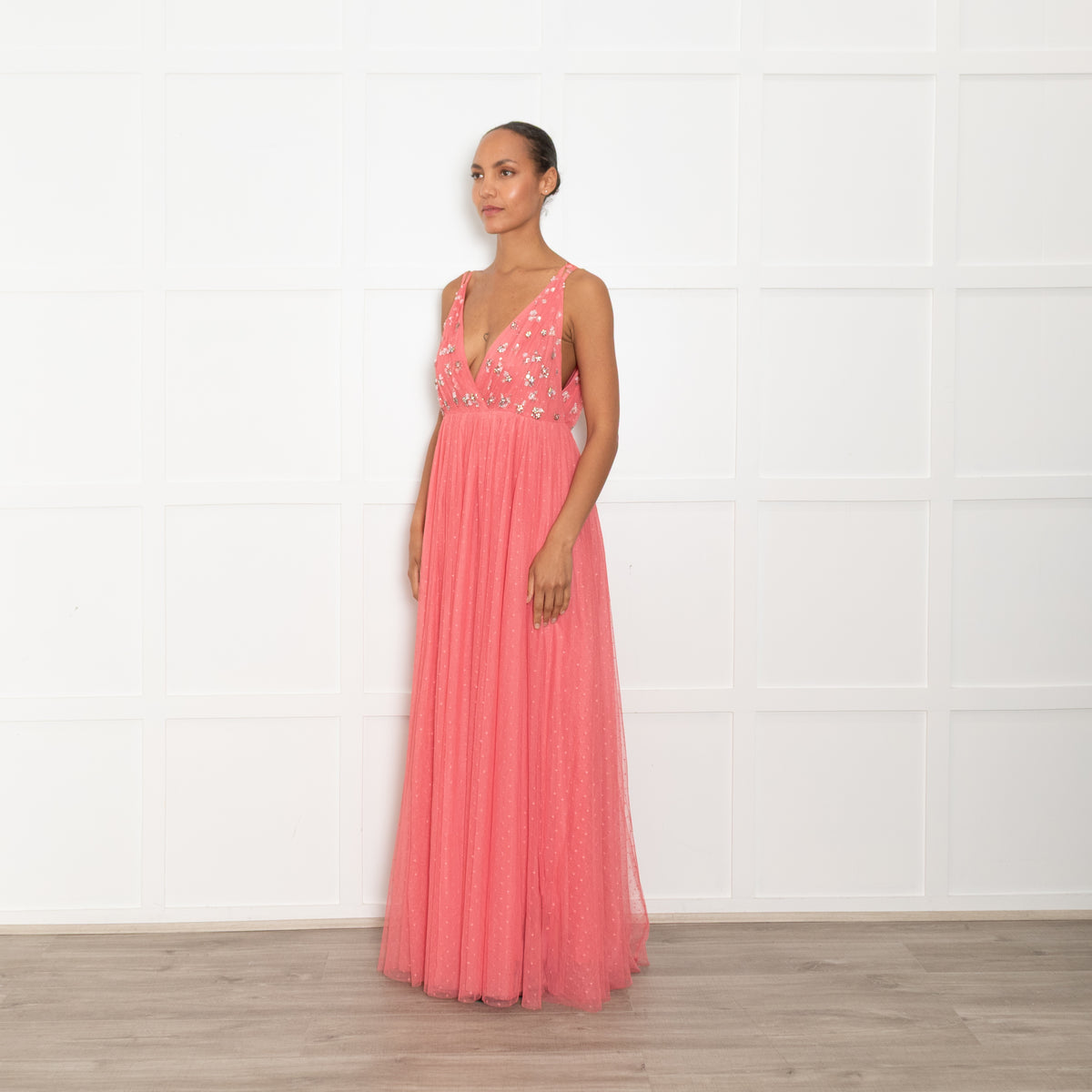 Needle & Thread Coral Pink Tulle Crystal Sequin Embellished Sleeveless Maxi Dress