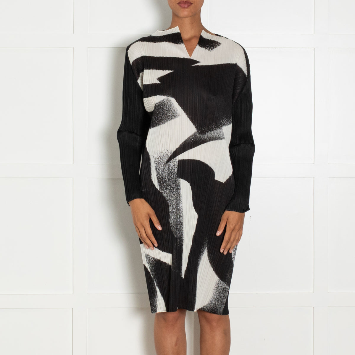 Pleats Please Black White Geometric Print Dress