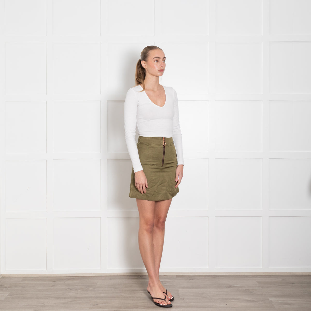 Sandro Khaki Green Rose Gold Zip Mini Skirt