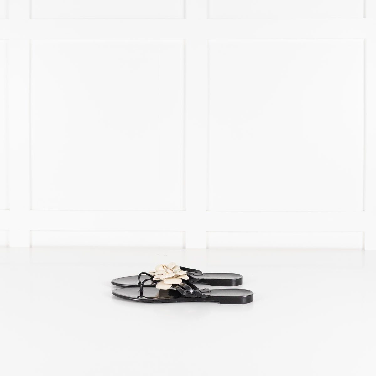 Chanel Black Plastic Camelia Flip Flops