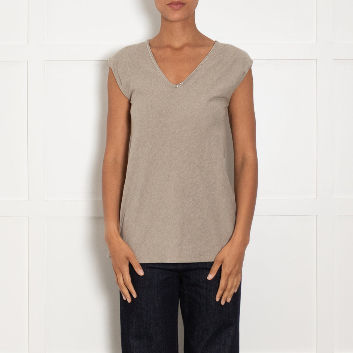 Brunello Cucinelli Olive Green Silver Chain Neck T Shirt