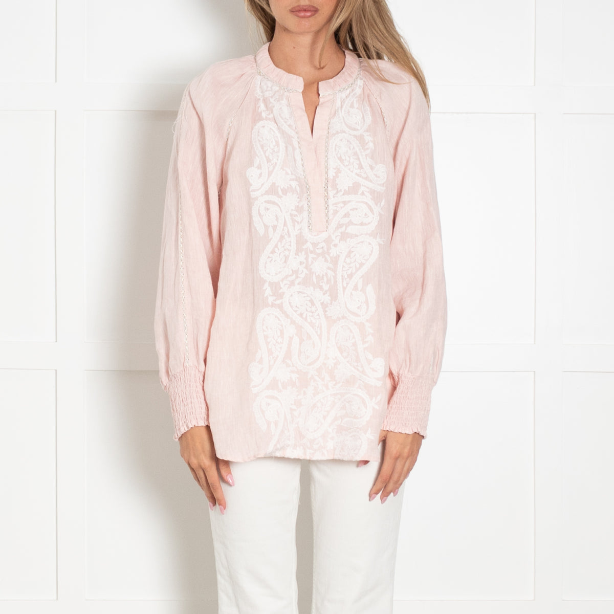 Gustav Peach Linen Embroidered Peasant Top