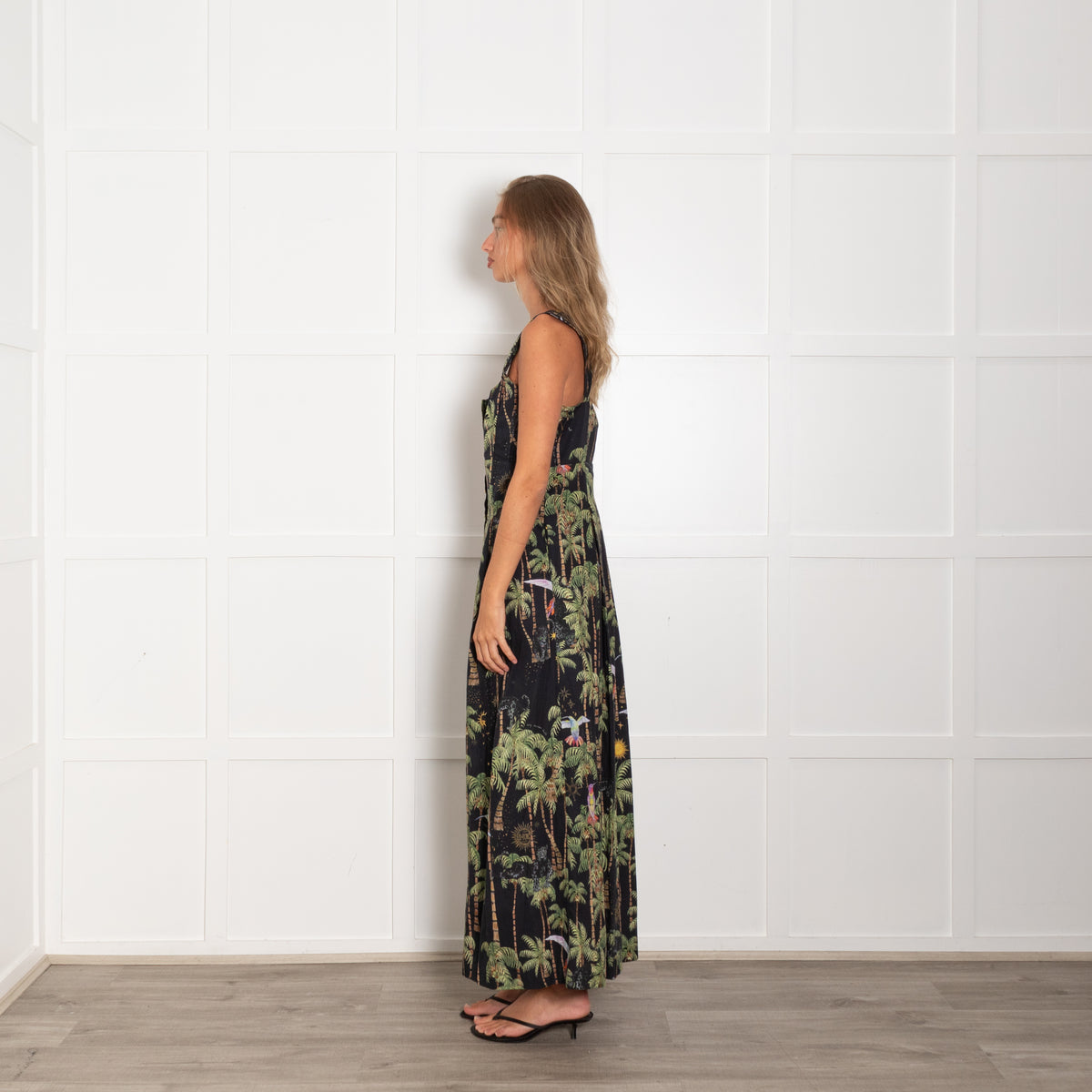 Hayley Menzies Black Cotton Palm Tree Print Sleeveless Dress