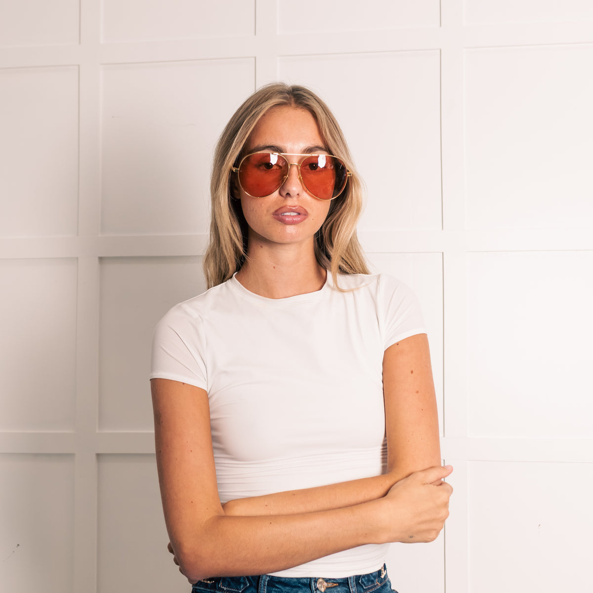 Linda Farrow Oversized Titanium Aviator Frame with Rose Coloured Lense