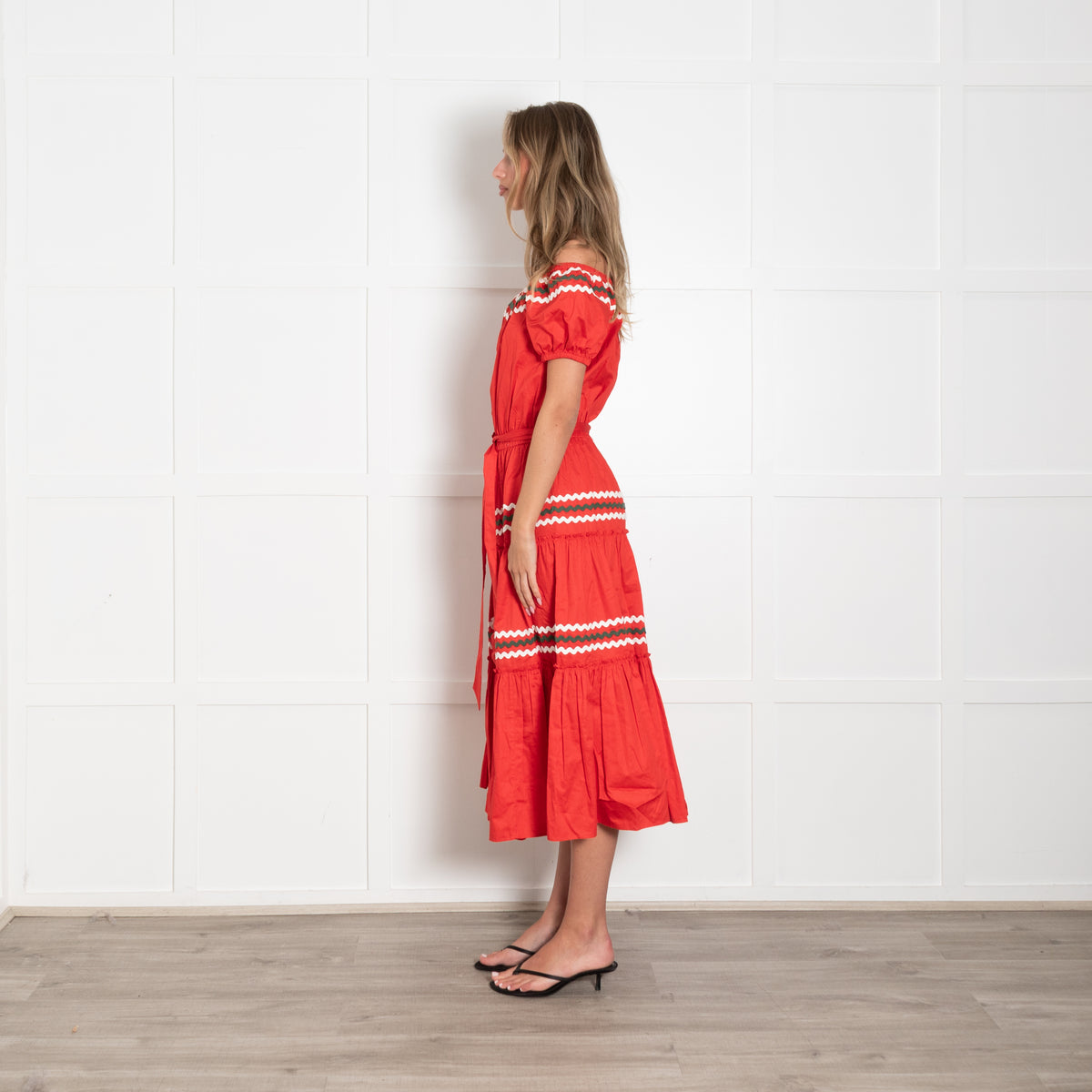 Tory Burch Red Cream Khaki Rick Rack Ribbon Trim Maxi Dress