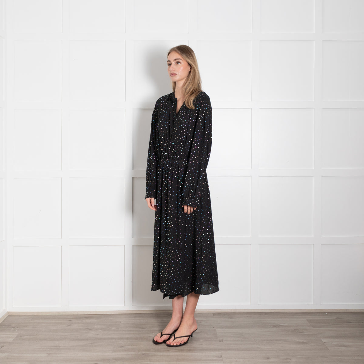 Essentiel Antwerp Black Wrap Dress with Metallic Polka Dots
