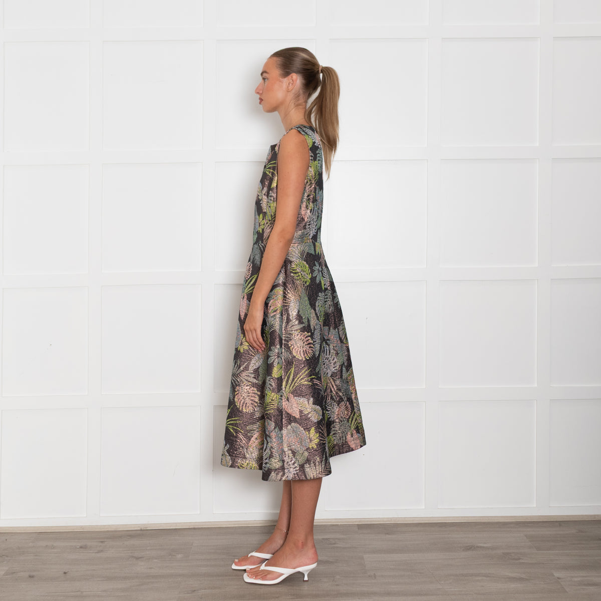 Essentiel Antwerp Bronze Leafy Print Sleeveless Dress