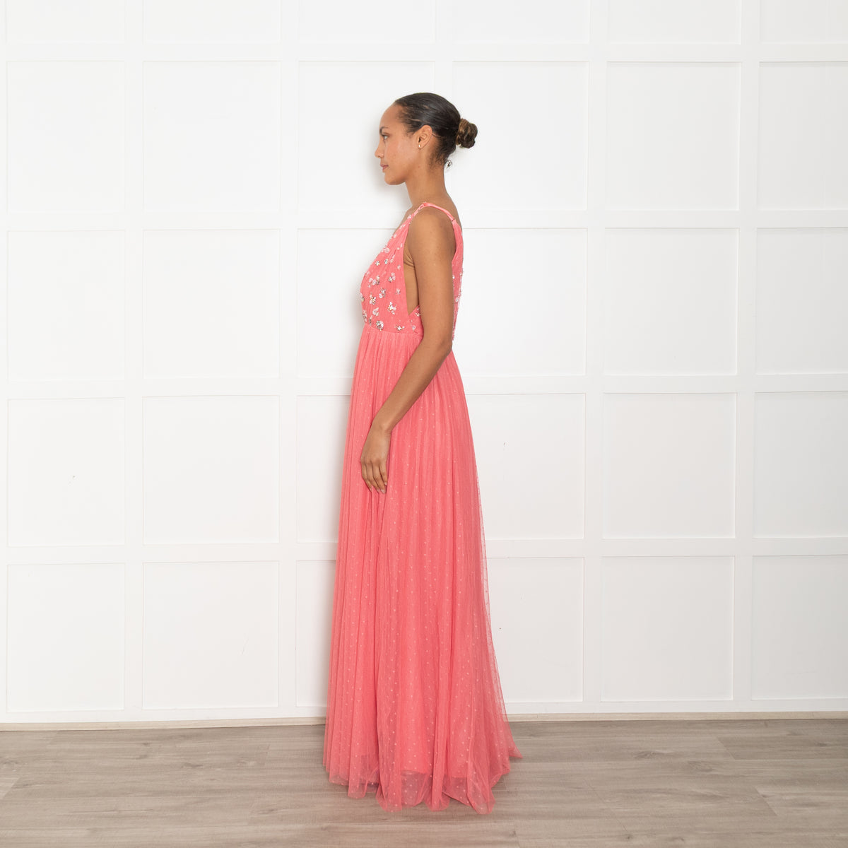 Needle & Thread Coral Pink Tulle Crystal Sequin Embellished Sleeveless Maxi Dress