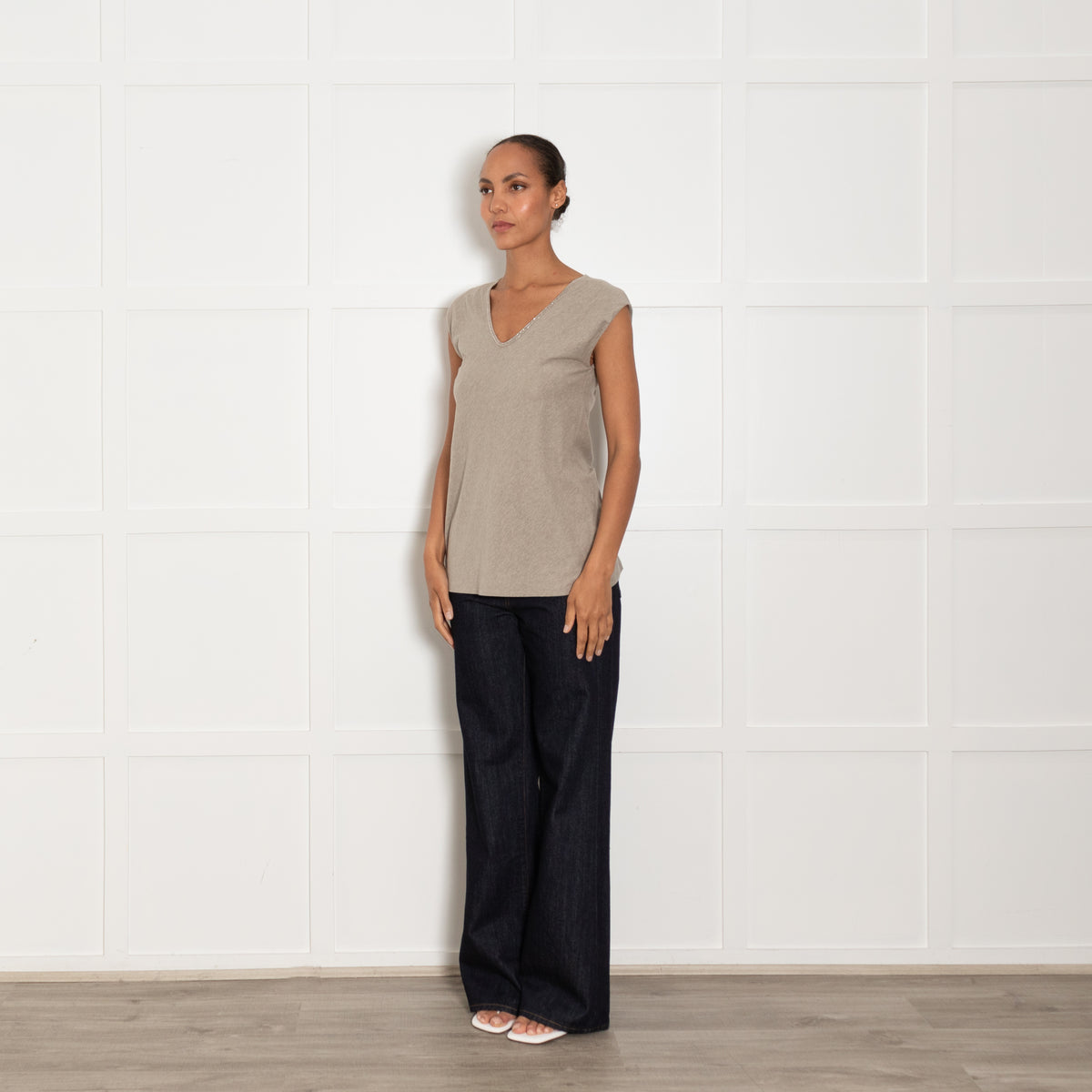 Brunello Cucinelli Olive Green Silver Chain Neck T Shirt