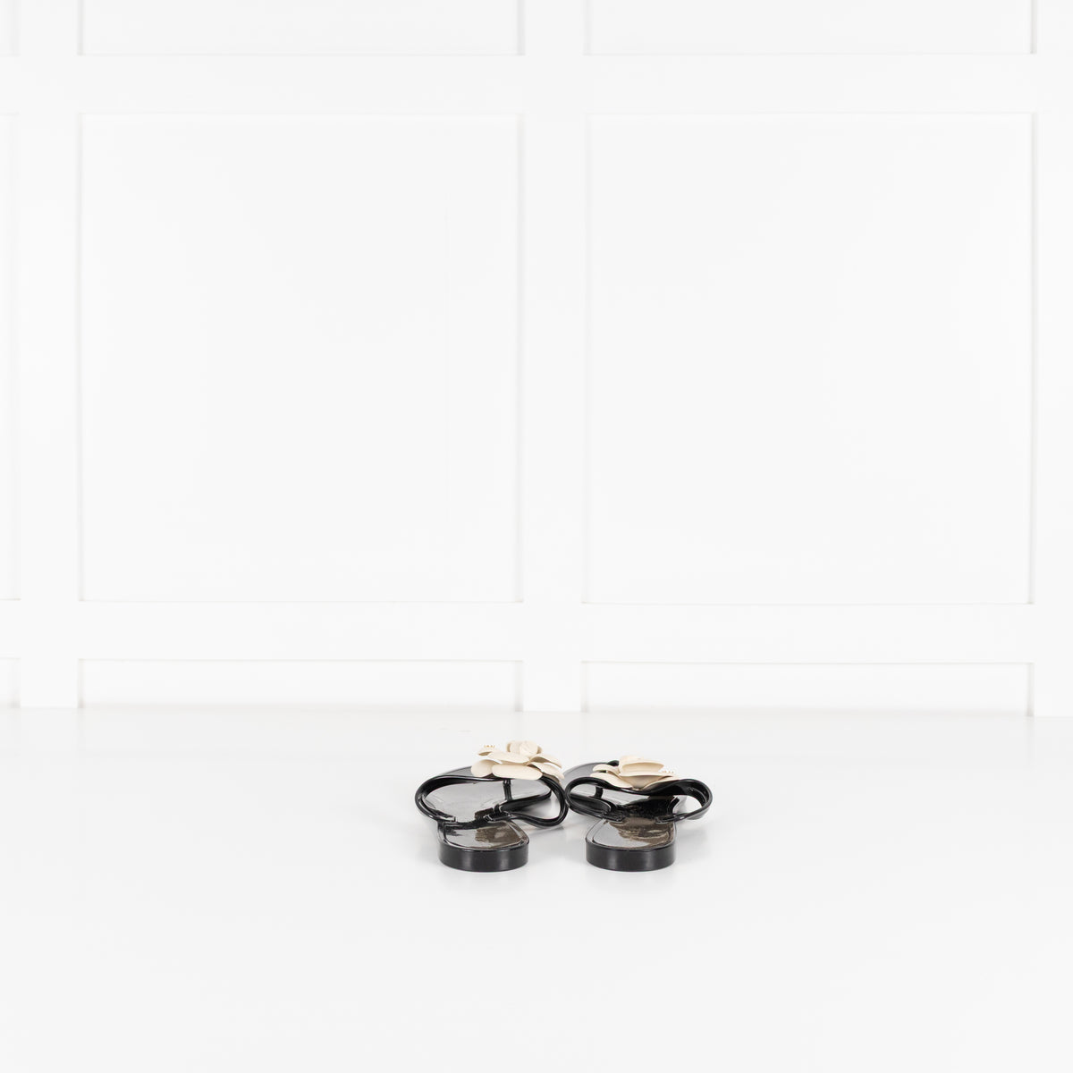 Chanel Black Plastic Camelia Flip Flops