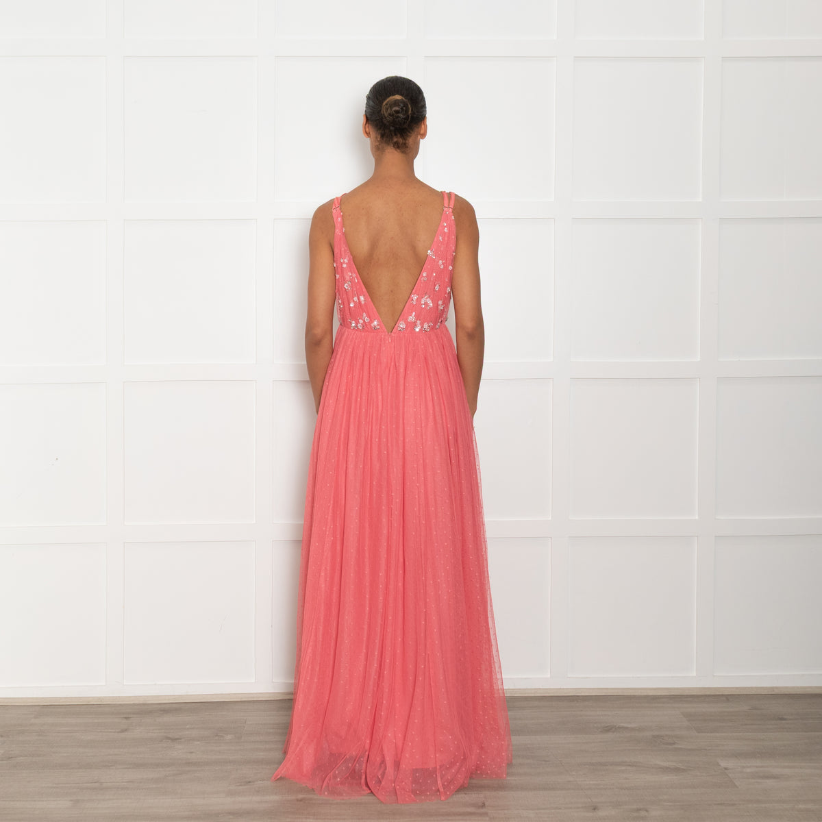 Needle & Thread Coral Pink Tulle Crystal Sequin Embellished Sleeveless Maxi Dress