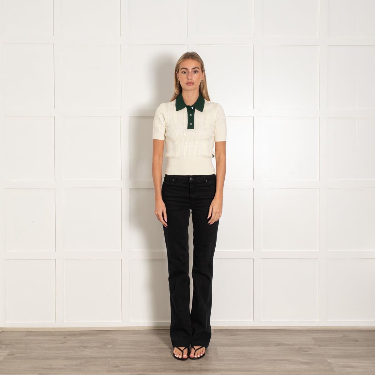 Tory Burch Ivory Knit Top With Green Collar