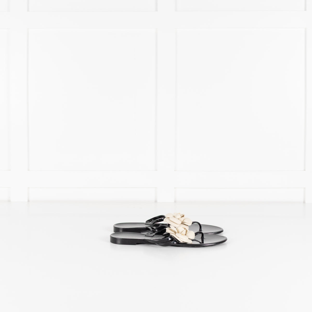 Chanel Black Plastic Camelia Flip Flops