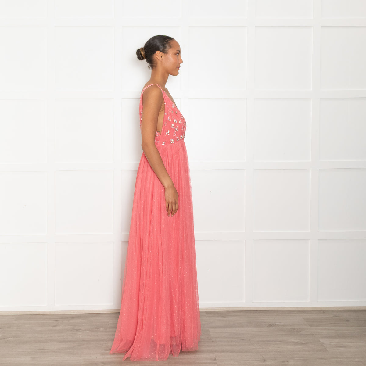 Needle & Thread Coral Pink Tulle Crystal Sequin Embellished Sleeveless Maxi Dress