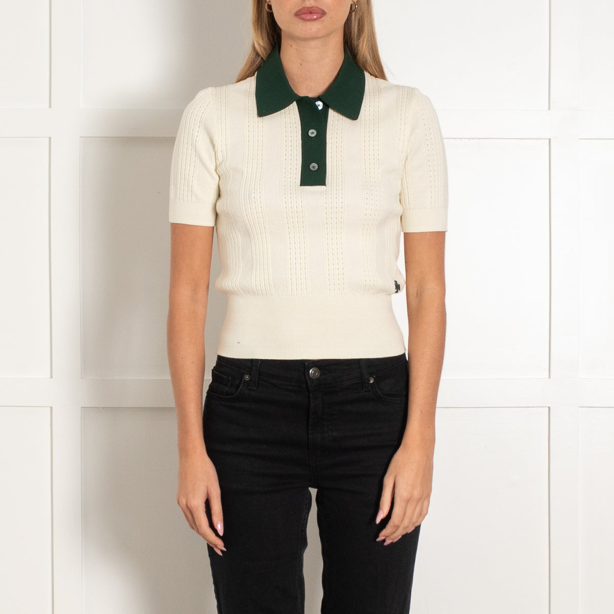 Tory Burch Ivory Knit Top With Green Collar