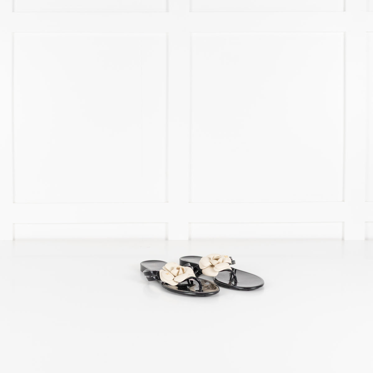 Chanel Black Plastic Camelia Flip Flops