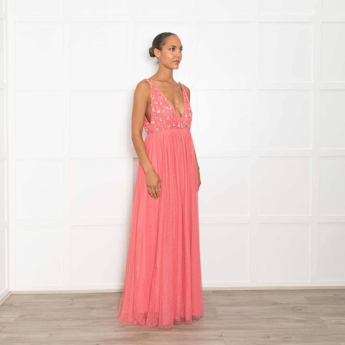 Needle & Thread Coral Pink Tulle Crystal Sequin Embellished Sleeveless Maxi Dress