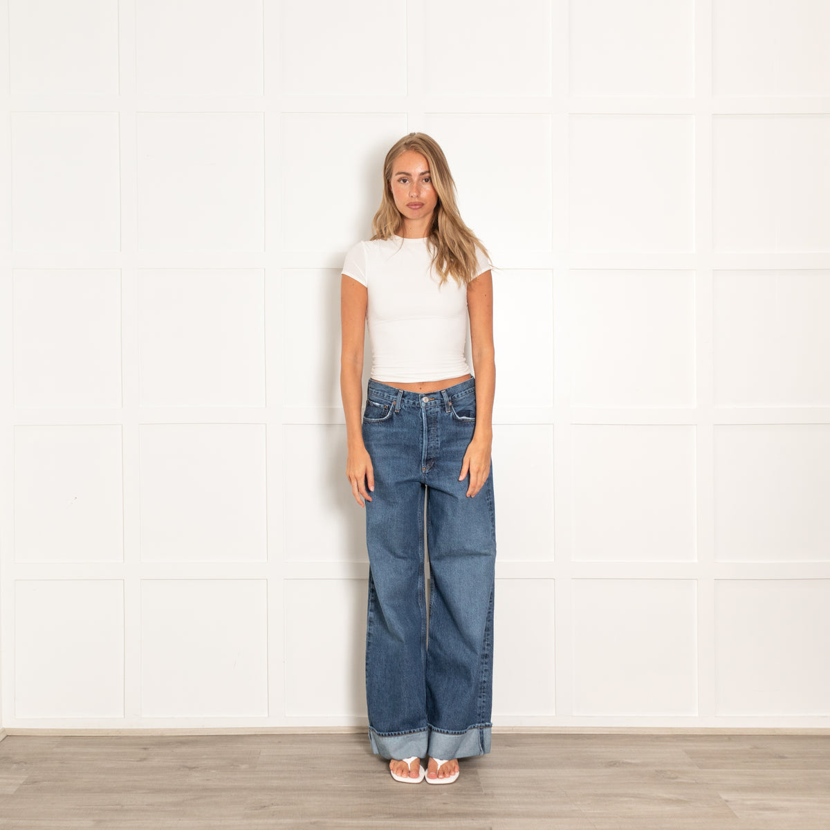 Agolde Blue Denim Turned Up Wide Leg Jeans