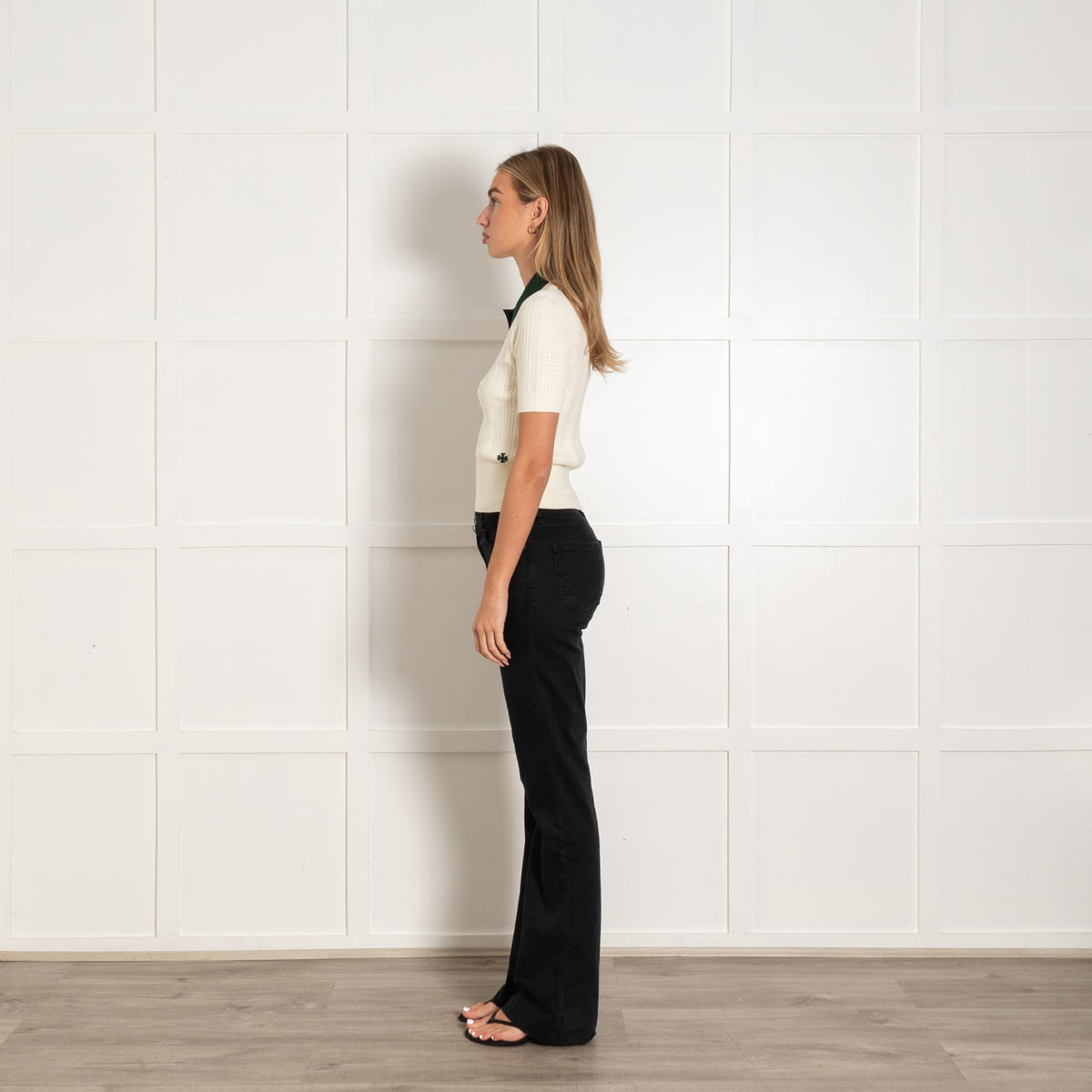 Tory Burch Ivory Knit Top With Green Collar