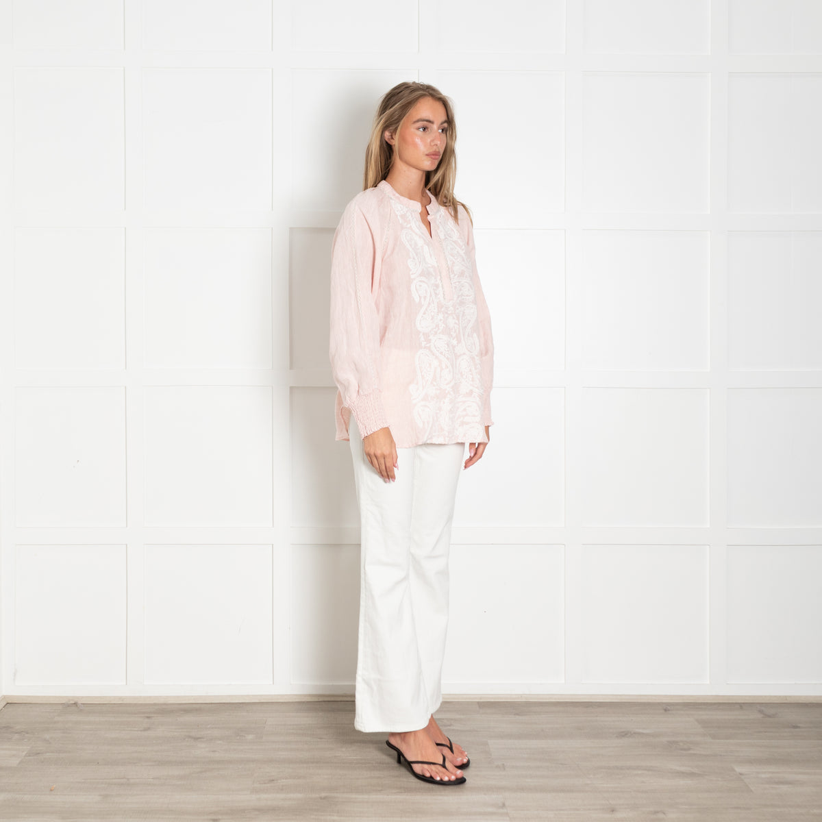 Gustav Peach Linen Embroidered Peasant Top