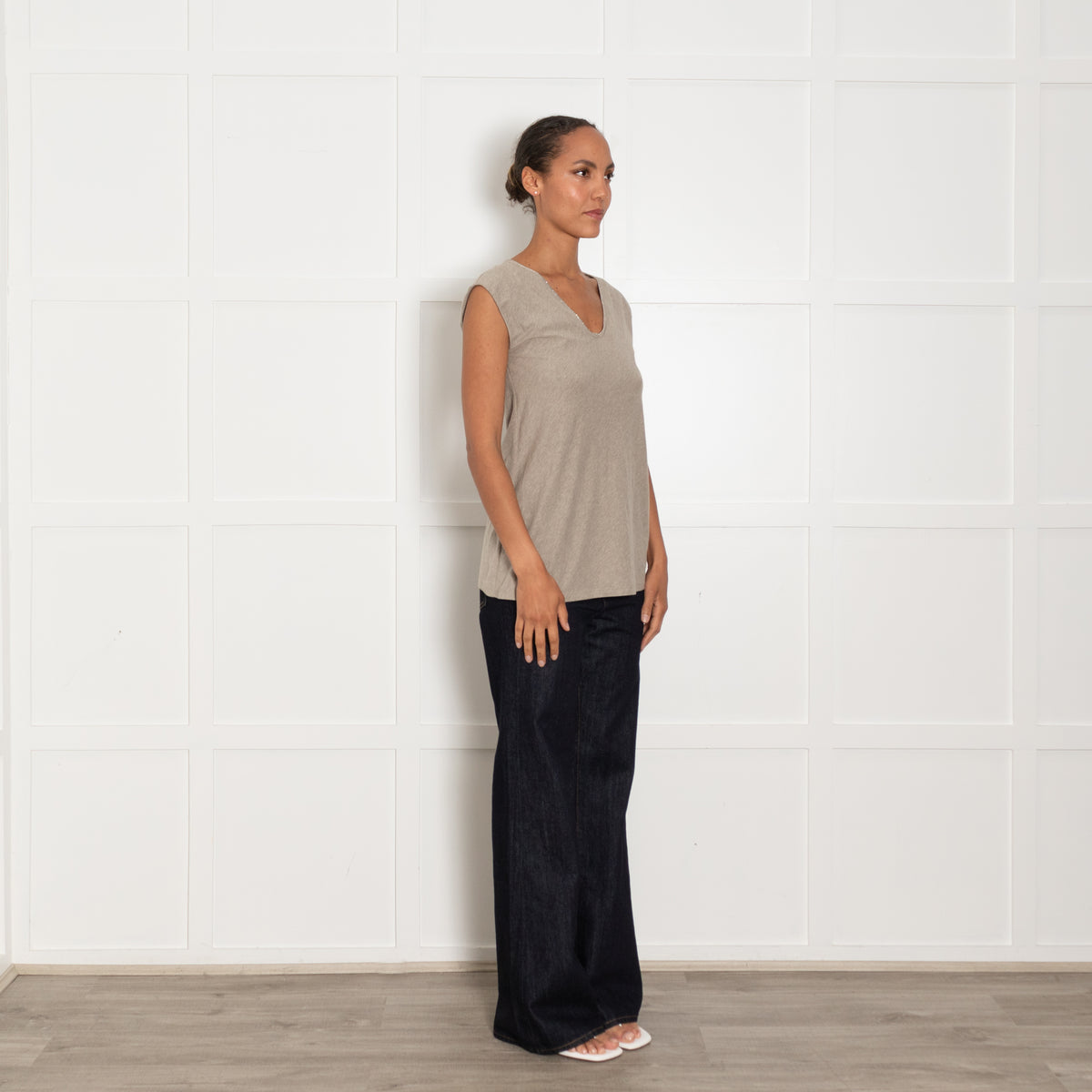 Brunello Cucinelli Olive Green Silver Chain Neck T Shirt