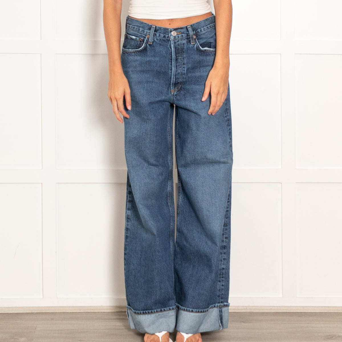 Agolde Blue Denim Turned Up Wide Leg Jeans