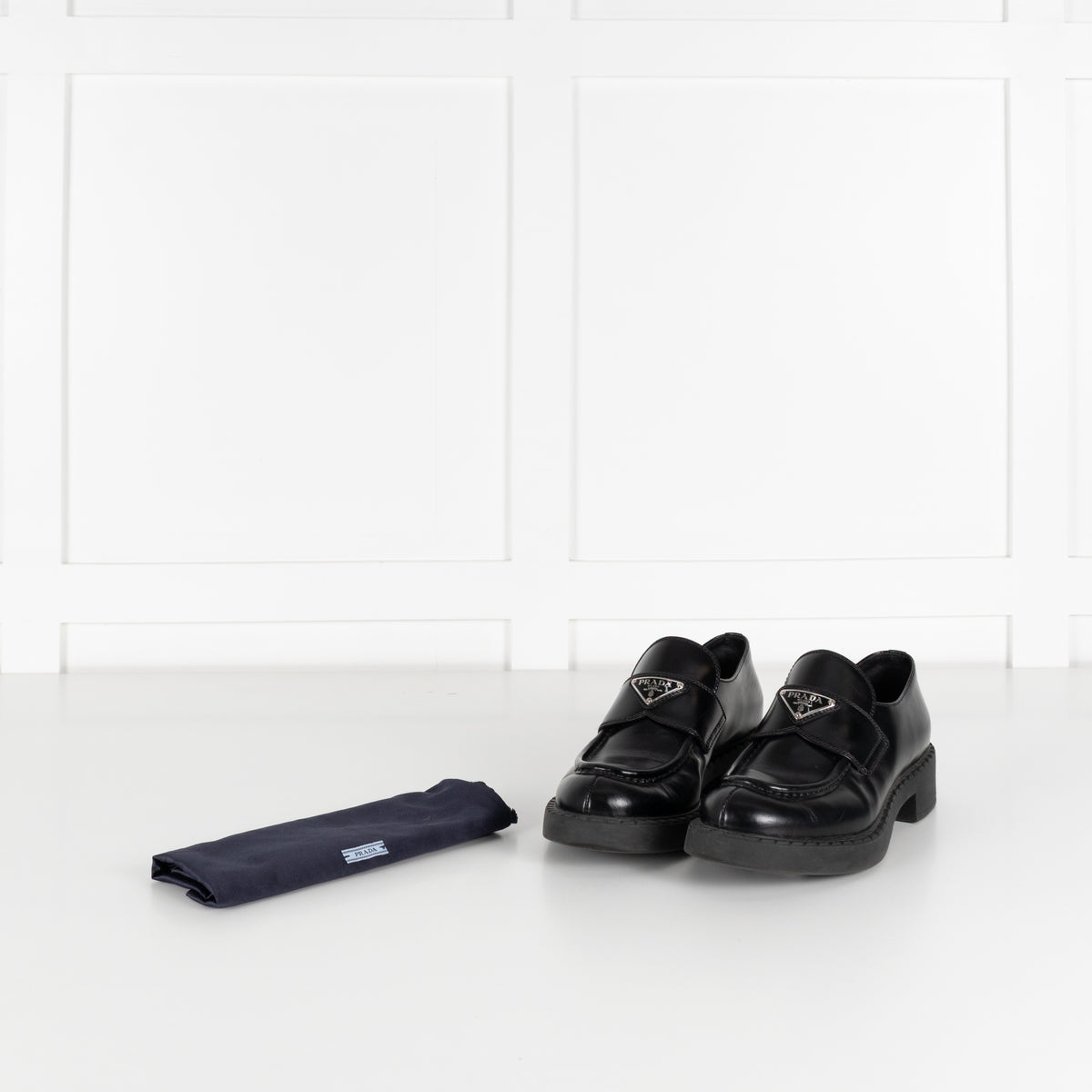 Prada Black Leather Plaque Logo Platform Loafers