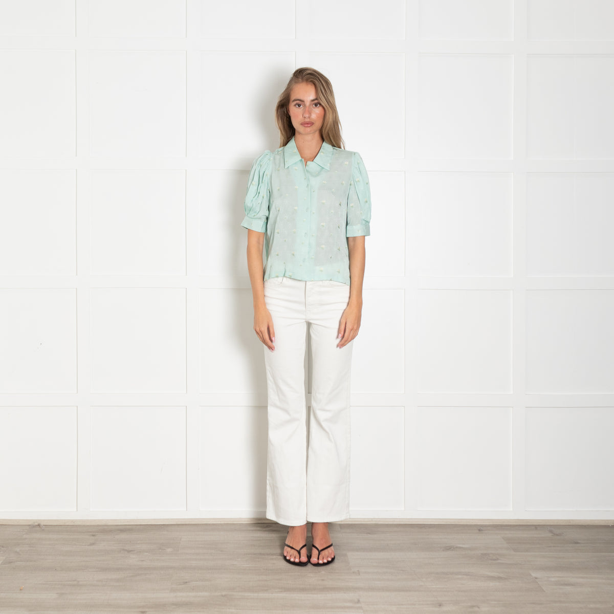 Masscob Turquoise Floral Embroidered Button up Blouse