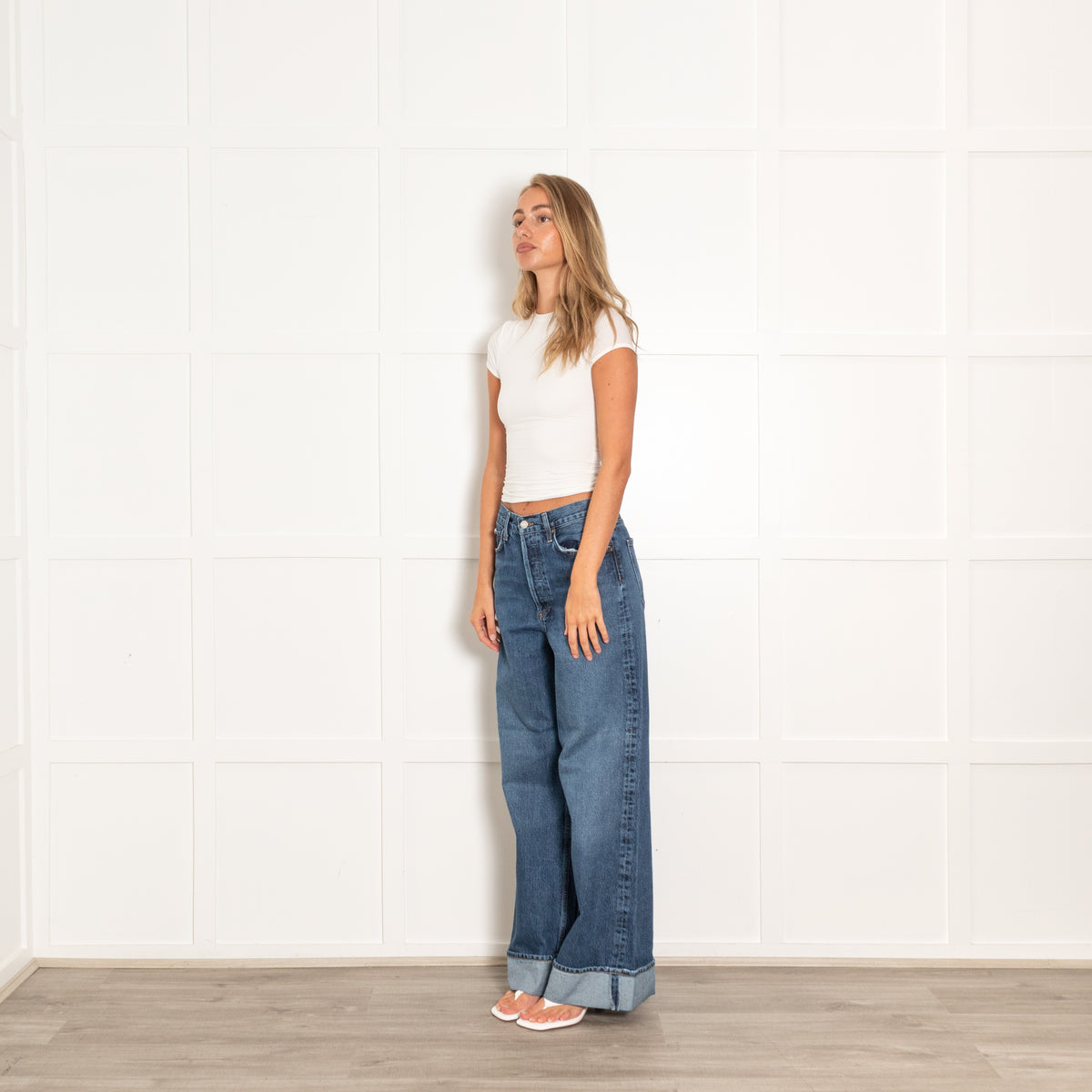 Agolde Blue Denim Turned Up Wide Leg Jeans