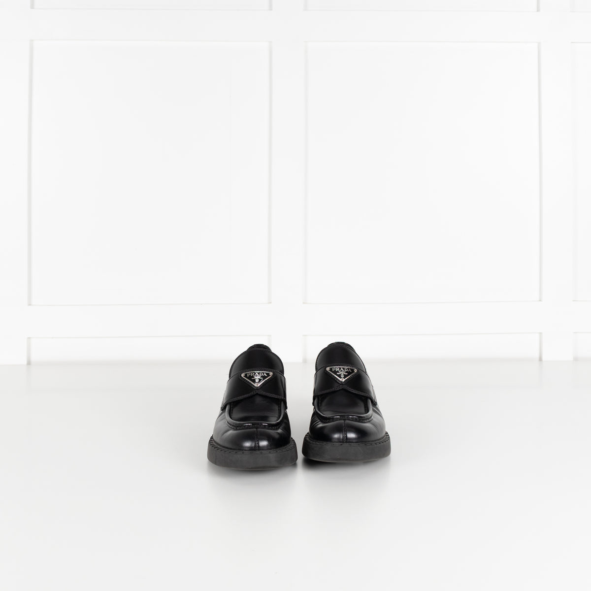 Prada Black Leather Plaque Logo Platform Loafers