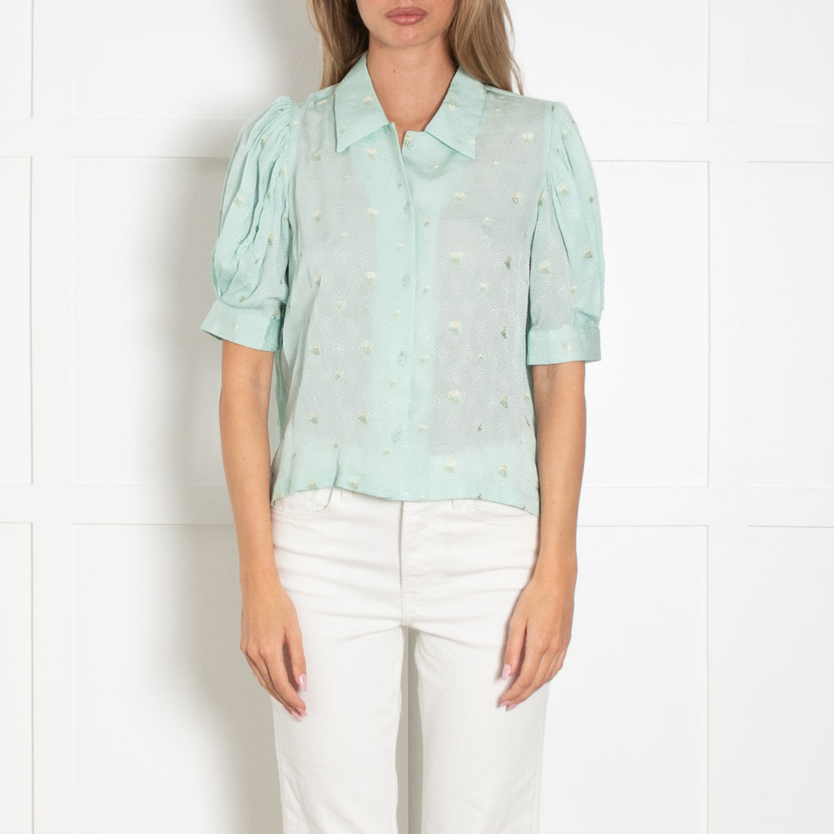 Masscob Turquoise Floral Embroidered Button up Blouse