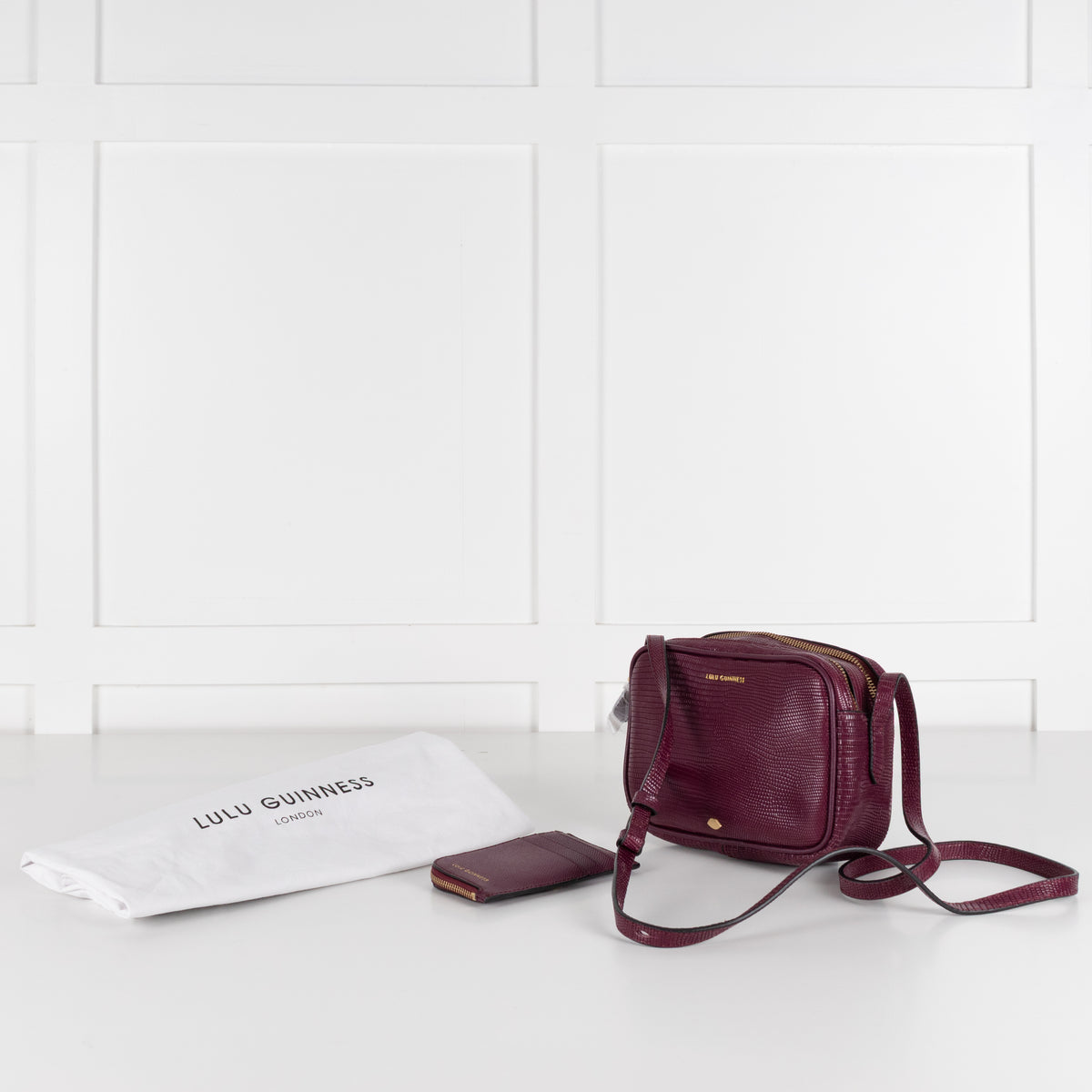 Lulu Guinness Burgundy Textured Crossbody Bag with Matching Card Pouch