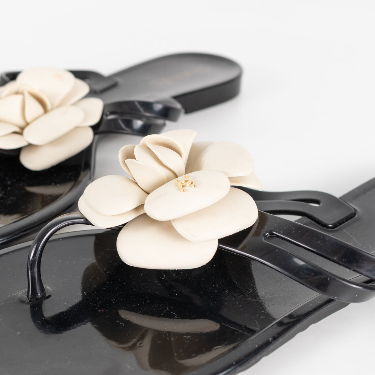 Chanel Black Plastic Camelia Flip Flops