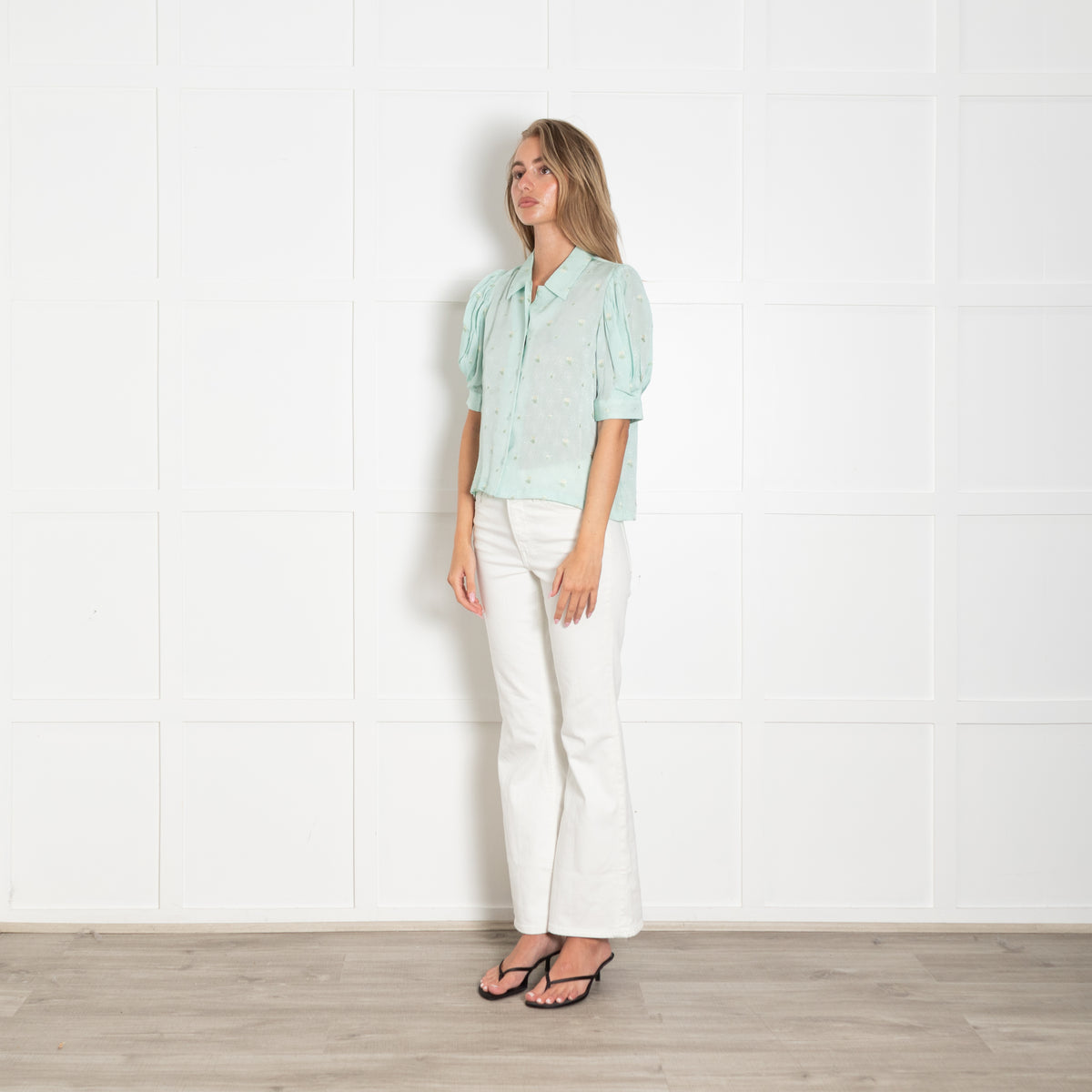 Masscob Turquoise Floral Embroidered Button up Blouse
