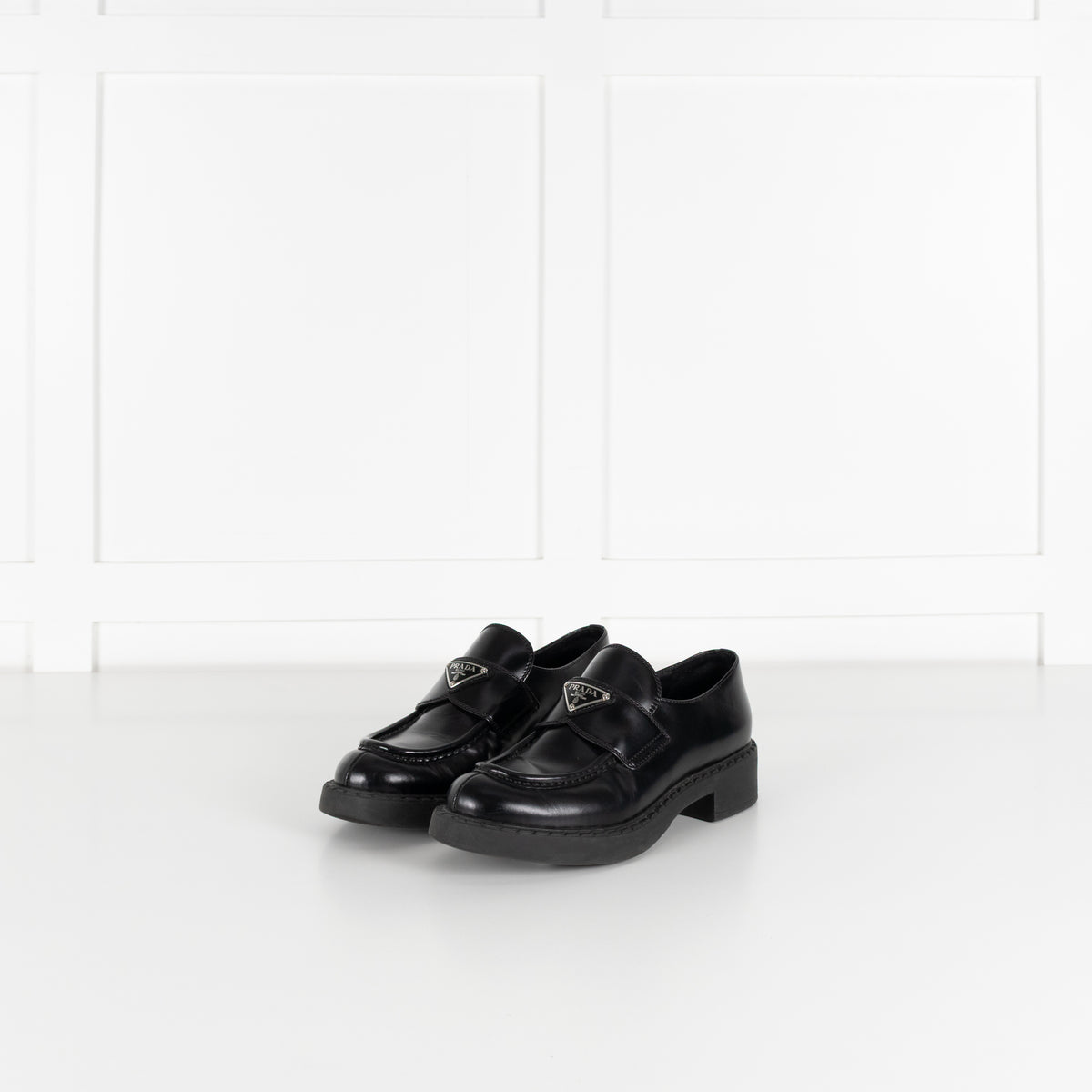 Prada Black Leather Plaque Logo Platform Loafers