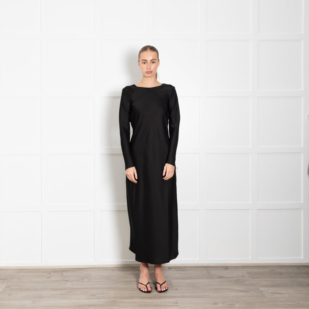 Le Set Barb Black Double Satin Long Sleeve Deep V Back Long Dress