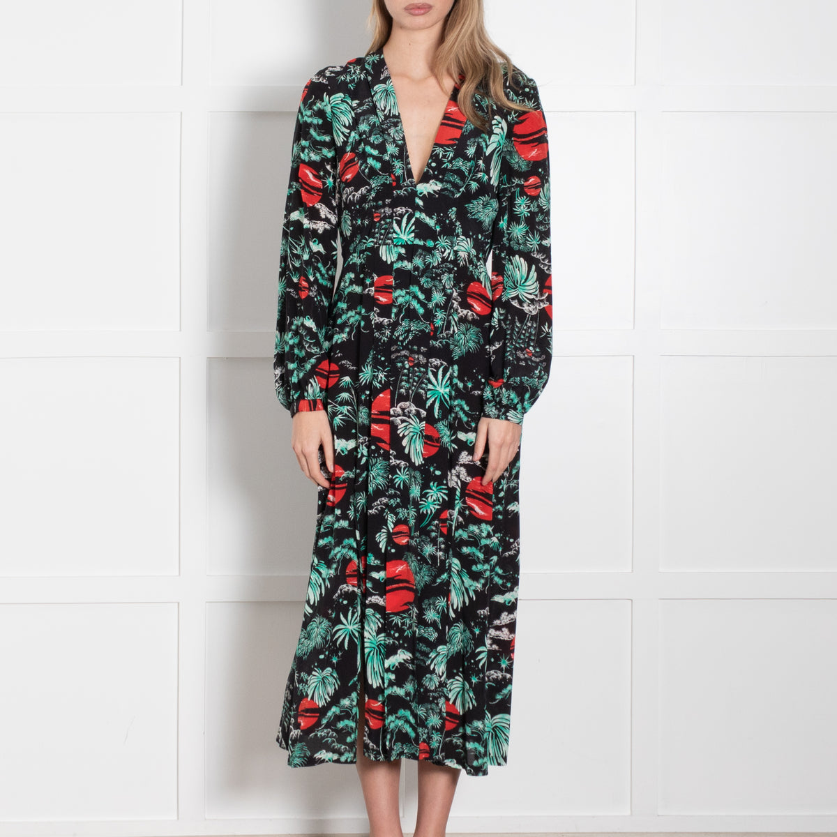 Rixo Black Turquoise Red Sky Print Pleated Dress
