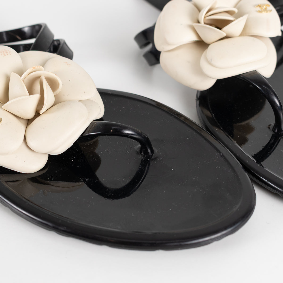 Chanel Black Plastic Camelia Flip Flops