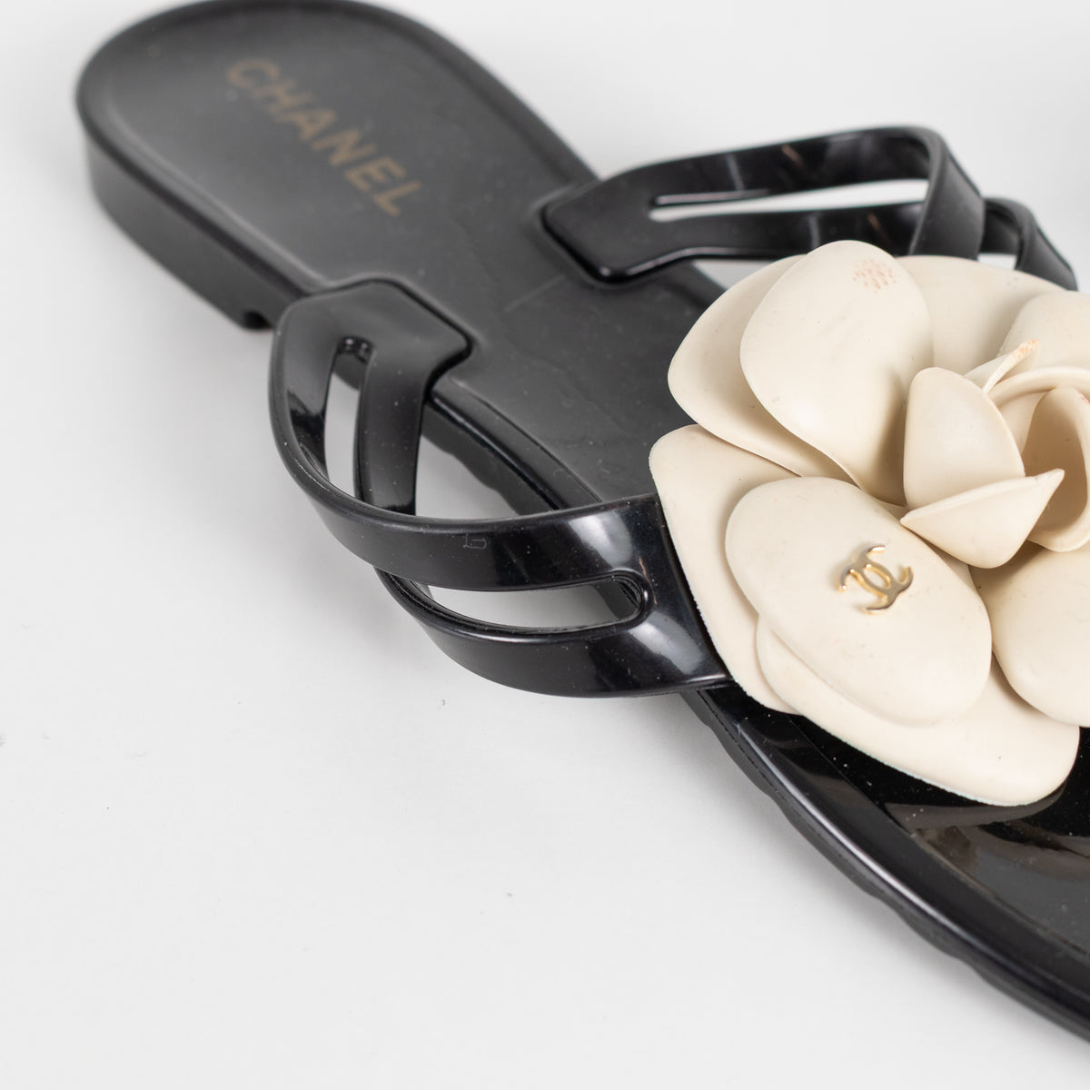 Chanel Black Plastic Camelia Flip Flops
