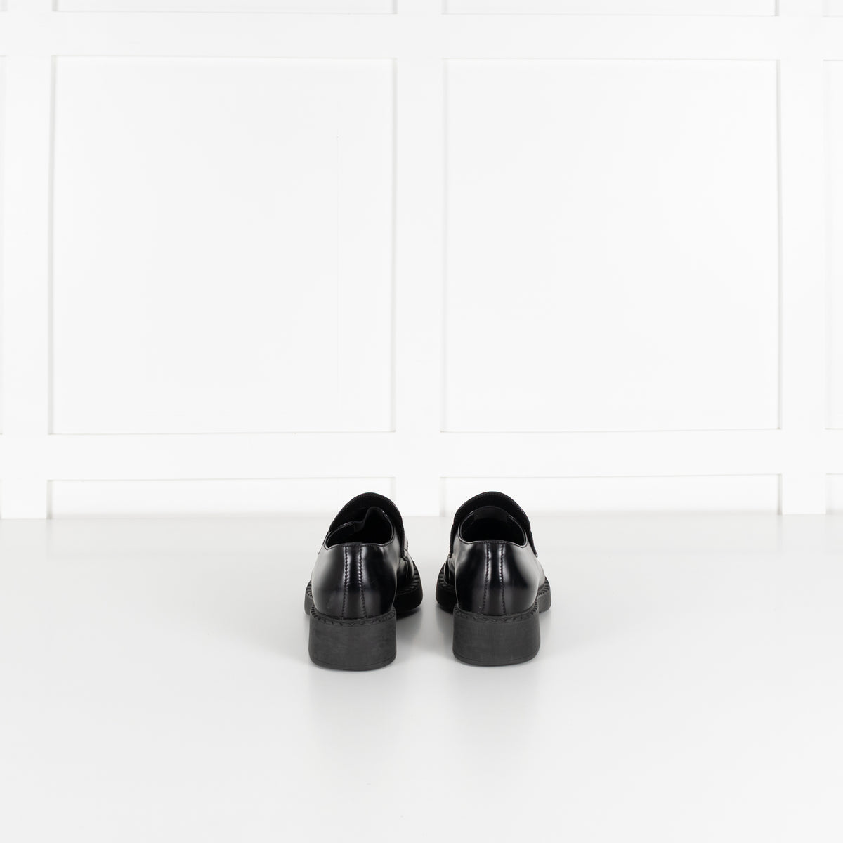 Prada Black Leather Plaque Logo Platform Loafers