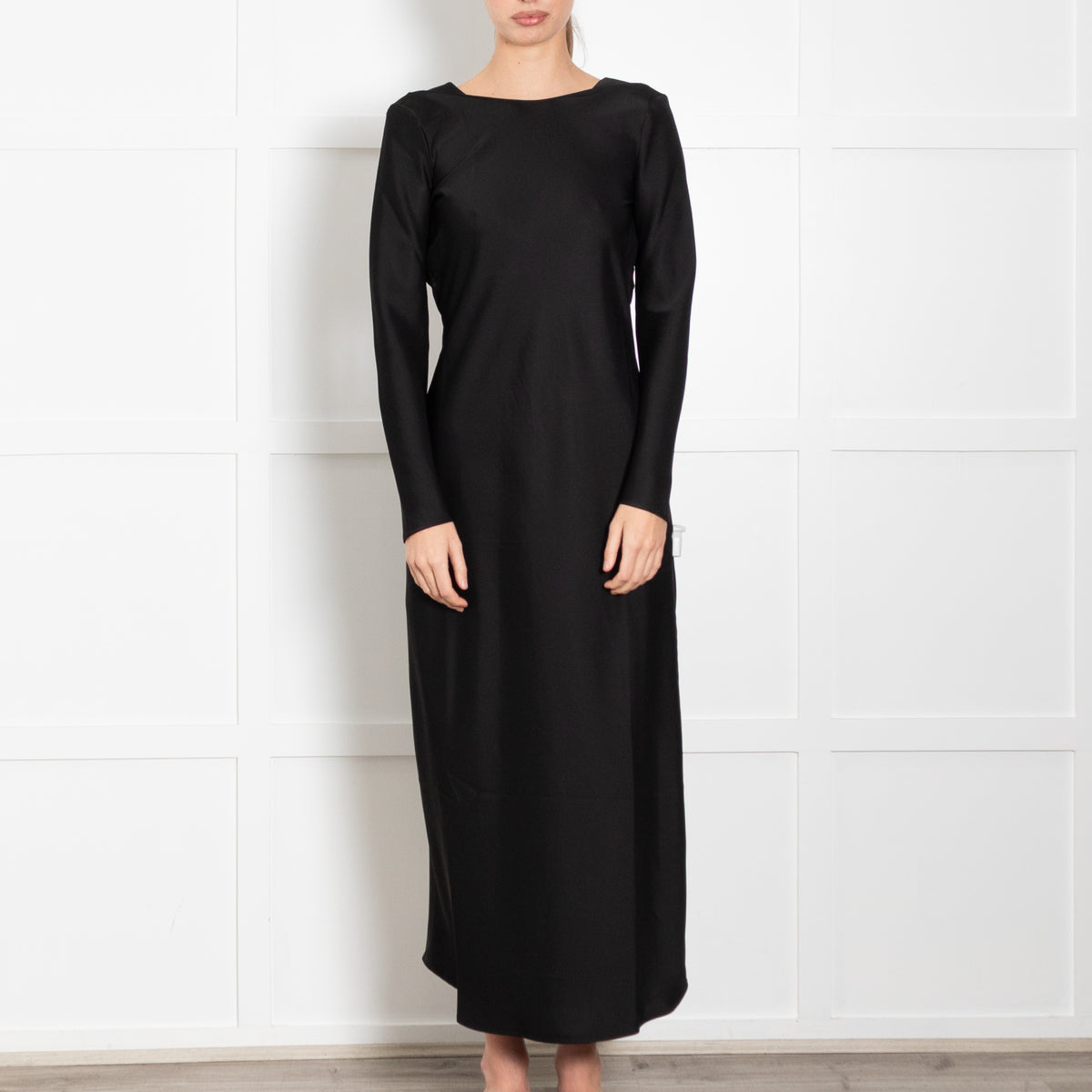 Le Set Barb Black Double Satin Long Sleeve Deep V Back Long Dress