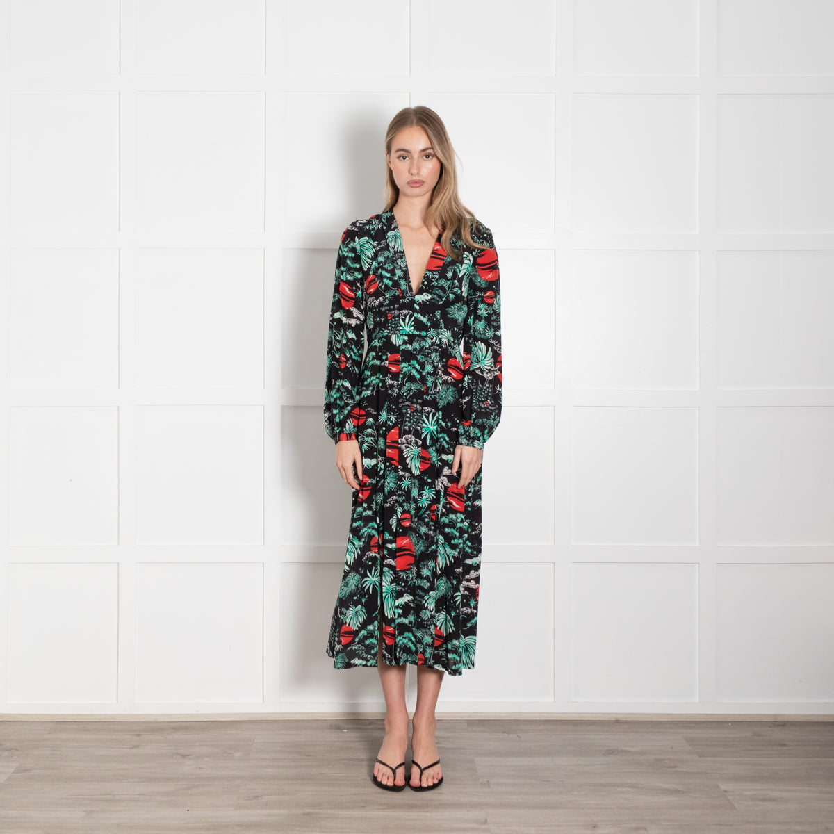 Rixo Black Turquoise Red Sky Print Pleated Dress