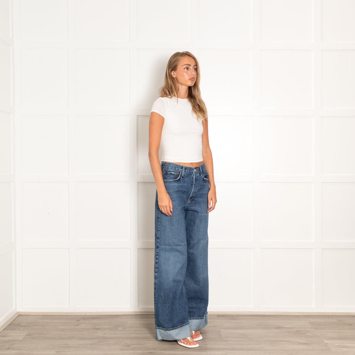 Agolde Blue Denim Turned Up Wide Leg Jeans
