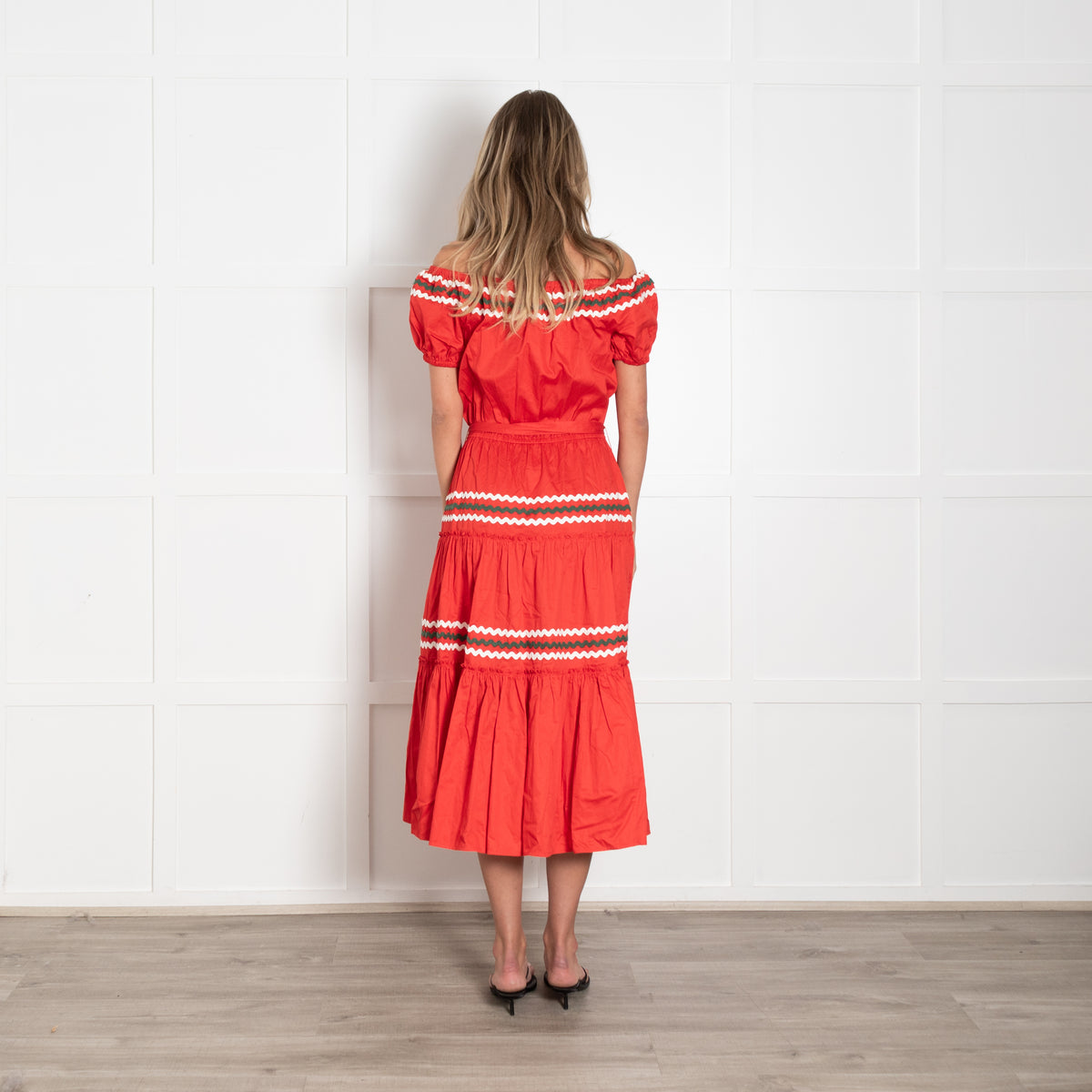 Tory Burch Red Cream Khaki Rick Rack Ribbon Trim Maxi Dress