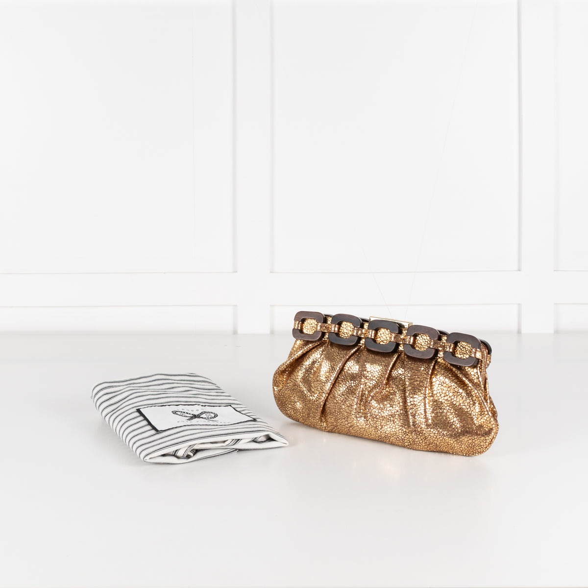 Anya Hindmarch Gold Crinkle Clutch with Wooden Link Detail