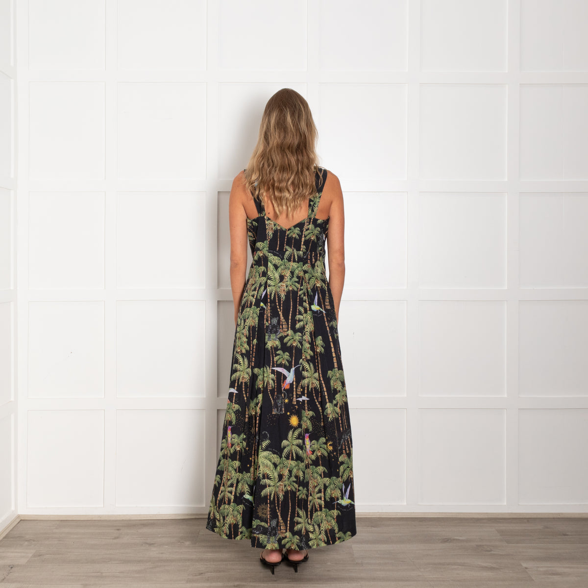 Hayley Menzies Black Cotton Palm Tree Print Sleeveless Dress