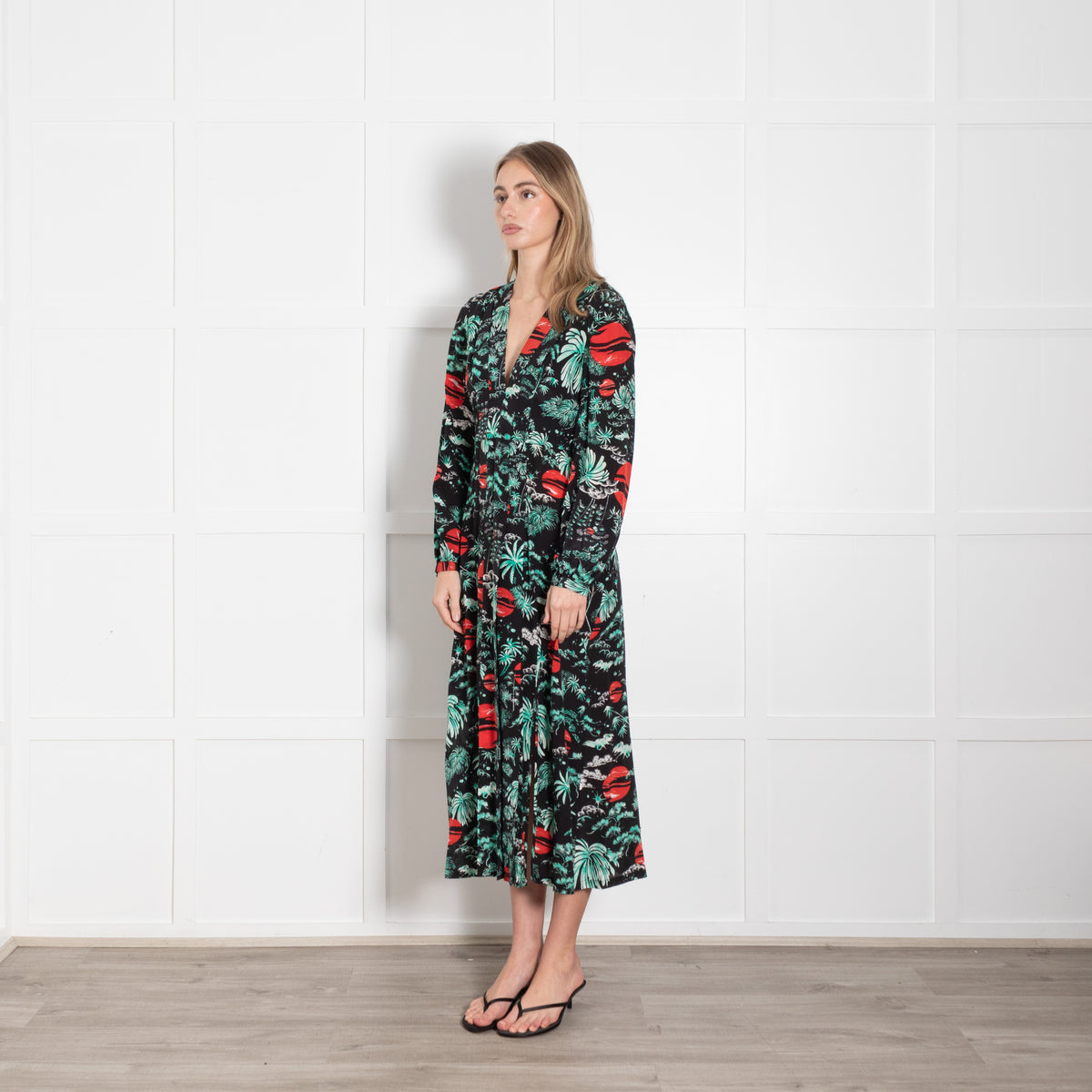 Rixo Black Turquoise Red Sky Print Pleated Dress